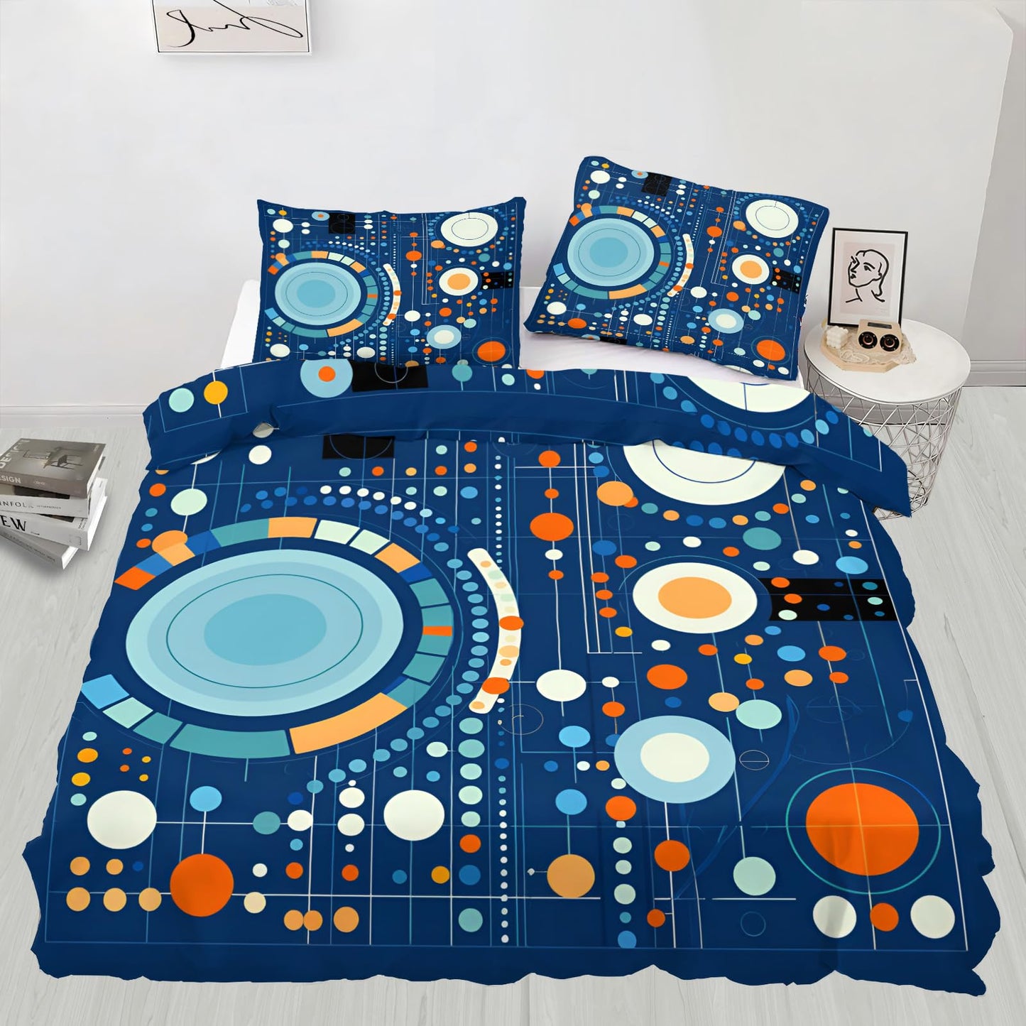 Blue Geometry Duvet Cover California King, Ultra Soft Microfiber Bedding Set 3 Piece Bedroom Decor Modern Abstract Comforter Cover and 2 Pillow Sham with Zipper Closure