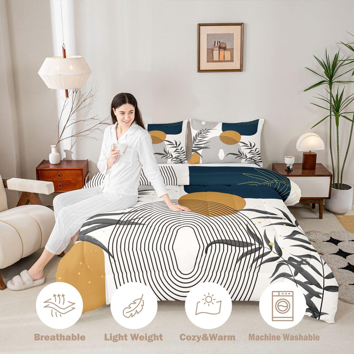 Erosebridal Boho Mid Century Twin Comforter Set, Contemporary Bohemian Minimalist Bedding Set, Abstract Geometric Comforter, Sage Tropical Palm Leaves Retro Elegant Zen Quilt for Kids Teens Adults