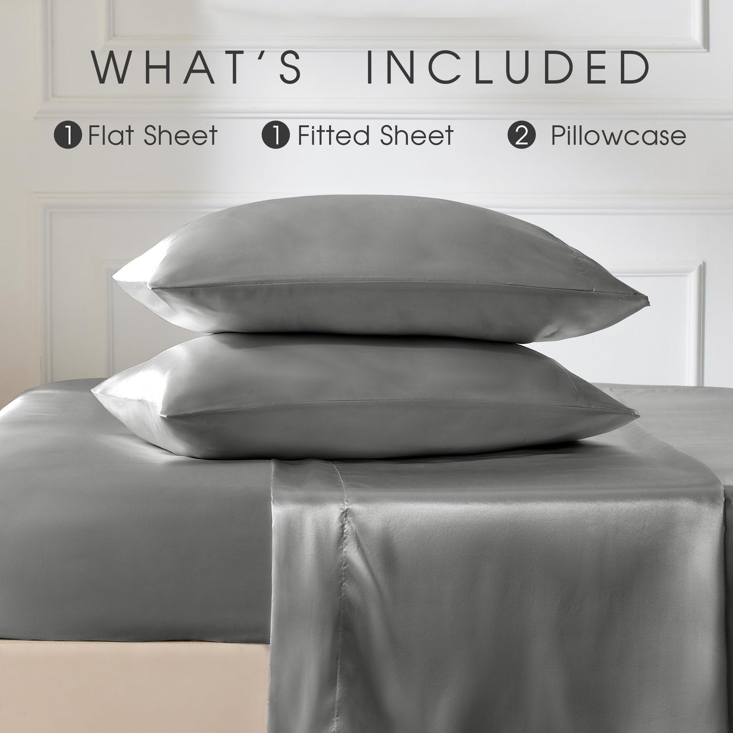 FreshCulture Satin Sheets Full Size - 4 Piece Luxury Soft Silky Full Size Bed Sheets, Similar to Silk Bed Sheet Set with 1 Deep Pocket Fitted Sheet, 1 Flat Sheet & 2 Pillowcases (Light Grey)