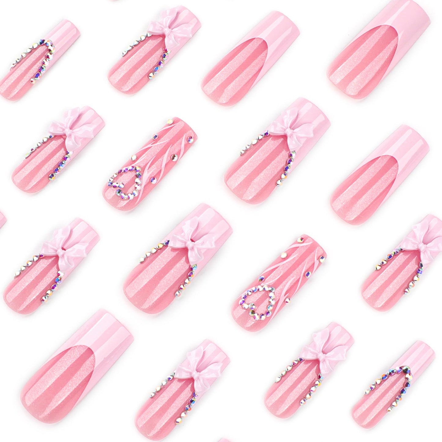 plalely Pink Press on Nails Square Long, Rhinestone Heart Acrylic Press on Nails with Pink Bow Designs，Long Press on Nail for Women 24pcs