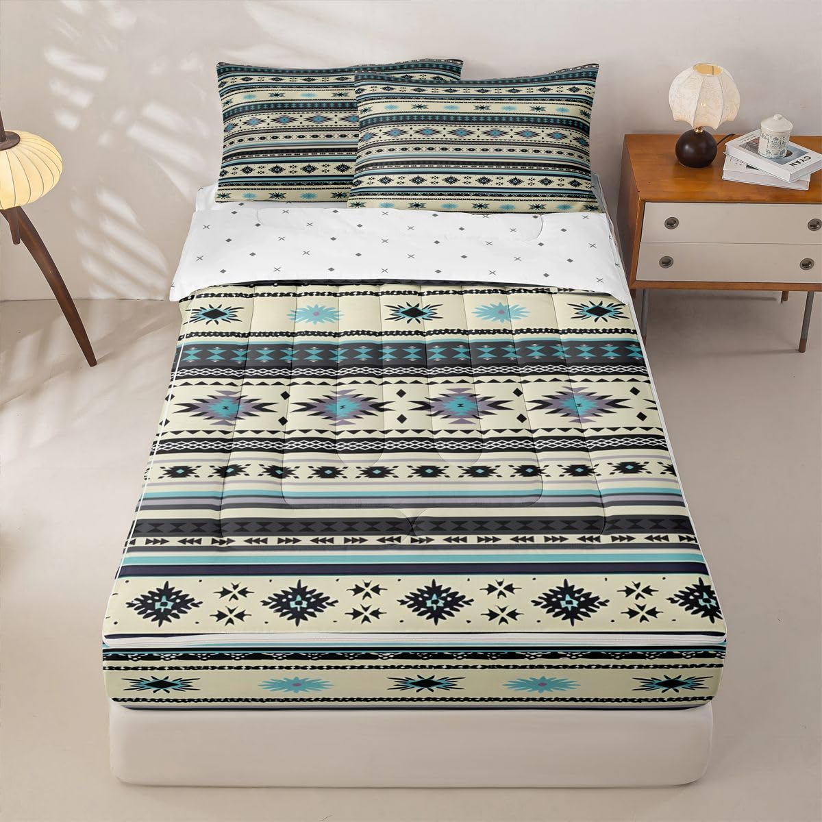 Western Zipper Bedding Queen Vintage Exotic Geometric Triangle Zip Up Bedding Set for Boys and Kids, Ethnic Tribal Arrow Bed in a Bag African Indian Tribal Sriped Boho Comforter Set with Sheets Brown