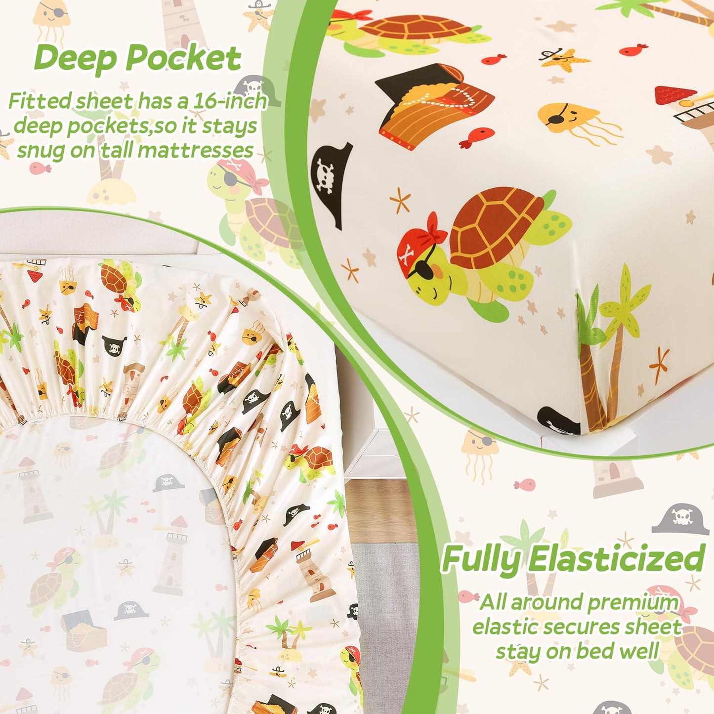 ChicView Full Sheet Set Kids,4 Pieces Breathable Soft Microfiber Bedsheets for Child Boys Girls, Anti Pilling Deep Pockets Easy Care Bed Sheets, Turtle
