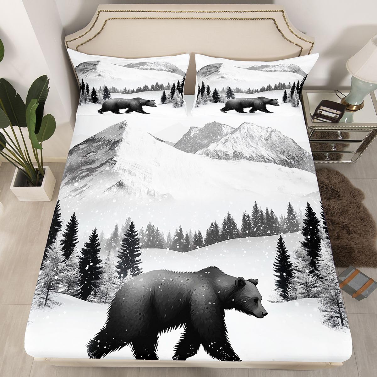 Erosebridal Rustic Bed Sheets Full | Bear Jungle Hunting Sheet Set for Kids Boys Girls Cabin Farmhouse Sheets Countryside Wildlife Flat Fitted Sheet 3 Pcs