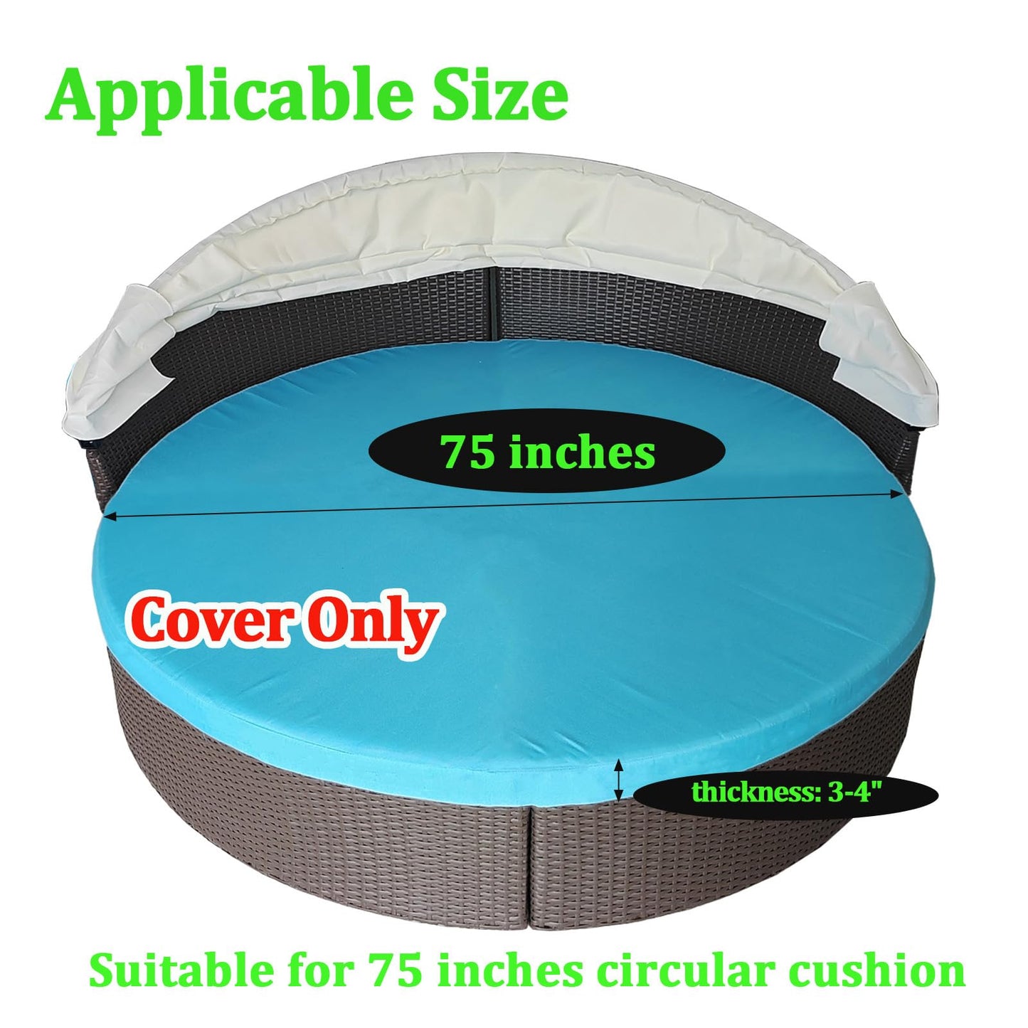 WQZWDFC Splicing 75" Round Daybed Cushion Replacement Cover Breathable Water-resistantOutdoor Patio Furniture Sunbed Half Enclosed Cushion Covers (Sky Blue)