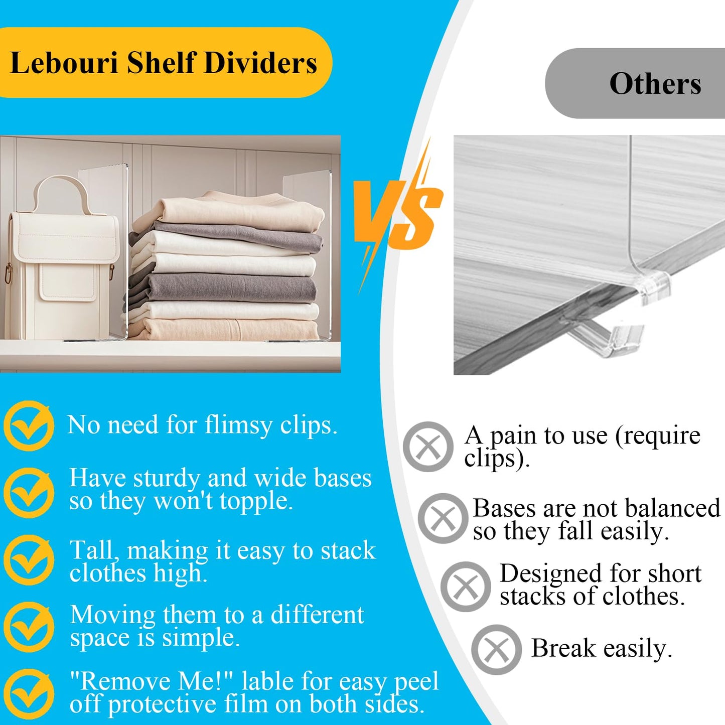 Lebouri Shelf Dividers for Closet Organization: 10" Tall x 12" Deep Acrylic Closet Shelf Dividers for Clothes Sweater Purse - Clear Organizers and Storage Separators for Home Space Saver Enthusiasts
