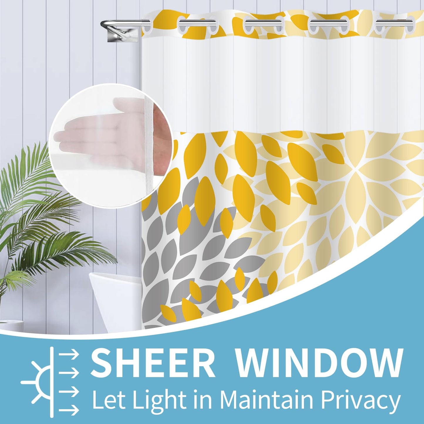 Mowxune No Hook Shower Curtain,Deluxe Yellow Dahlia Floral Shower Curtains for Bathroom,Hotel Style Aesthetic Decor,Gray Petal Pattern,Stylish Floral,with White Removable Liner,71x74 inches