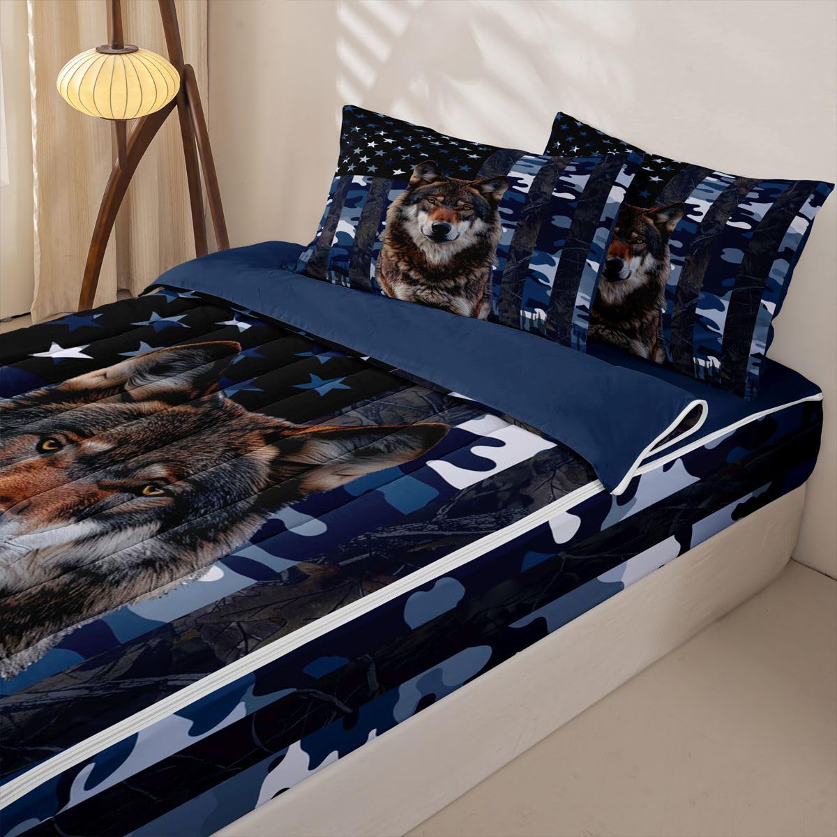 jejeloiu Wolf Hunting Camo Twin Zipper Bedding Set Rustic Western Wolf Kids Comforter Set with Fitted Sheet and 2 Pillowcases American Flag Bed in a Bag Zip Up Bedding Soft Microfiber
