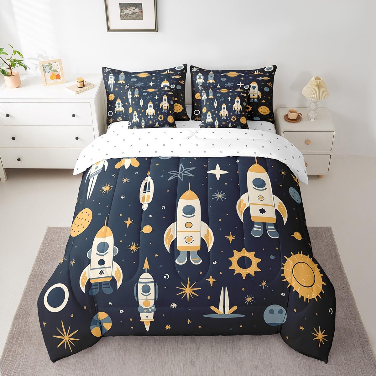 Erosebridal Solar System Full Comforter Set 7-Piece Universe Stars Bedding Sets,Rocket Bed in A Bag for Kids Cartoon Planets Style Bed Sheets Set Lightweight Soft Room Decorative,for All Season