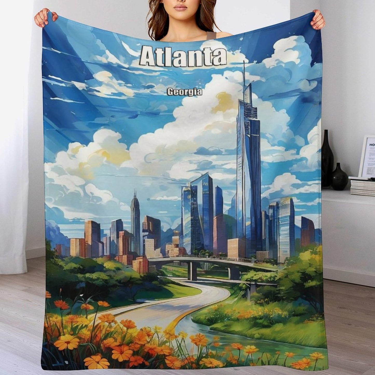 Atlanta Georgia City Skyline Landscape Abstract Blanket Soft Flannel Lightweight Blanket Outdoor Travel Carry Living Room Bedroom Sofa Decoration Gifts 50x60 Inch