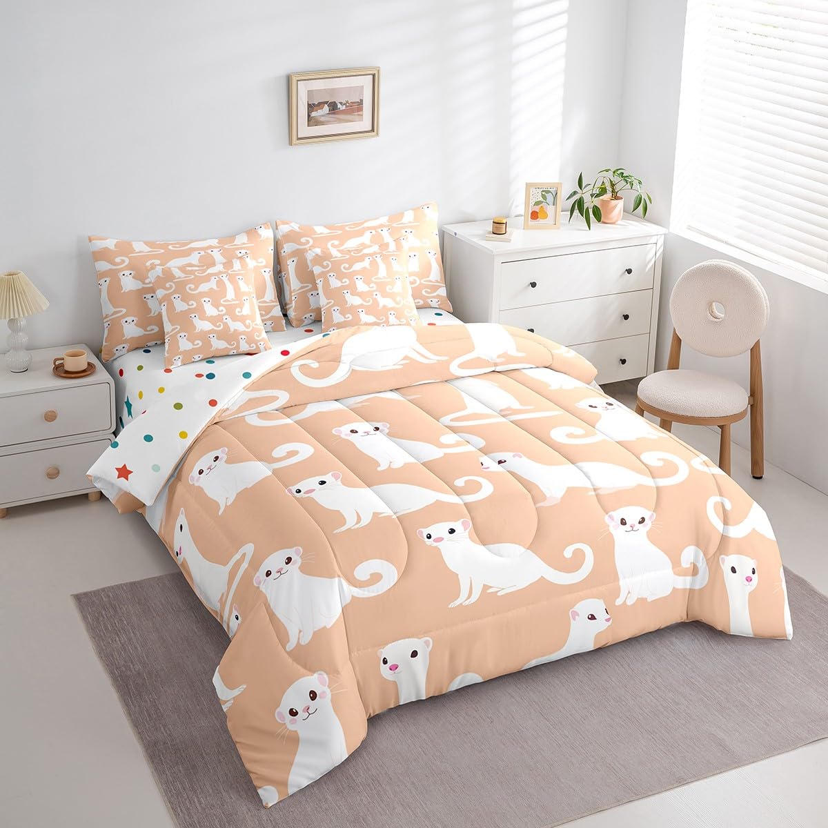 White Ferret 7 Piece Comforter Set Full Bed in a Bag,Kawaii Bedding Sets Cute Wild Animals Comforter and Sheet Set,Cartoon Wildlife Pet Minks Weasel Animal Room Decor