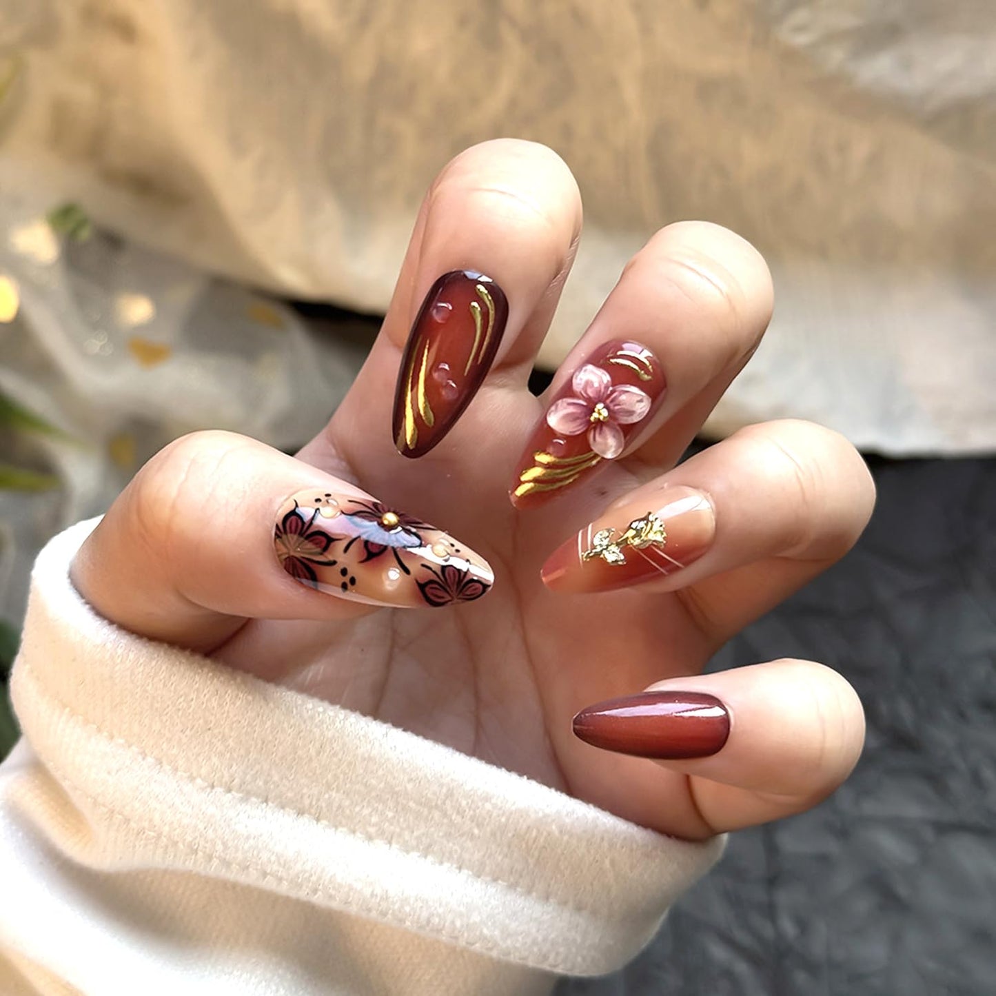 24Pcs Luxury Handmade Nails Kit 3D Flower Almond Press on Nails Medium Almond Brown with 3D Gold Beads Carved Floral Nails Designs Reusable Acrylic False Nails for Women