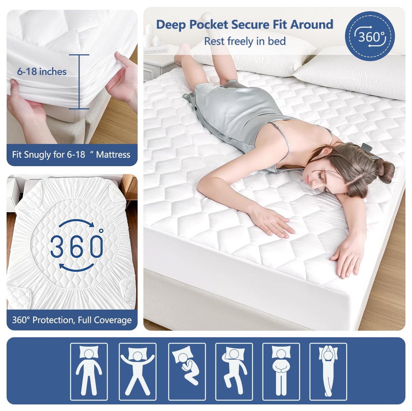 Queen Mattress Protector Waterproof Washable Mattress Padded Cover Fitted Queen Size Bed Protection Noiseless Plastic Bed Pad Deep Pocket Up to 18“ Soft and Breathable（White）