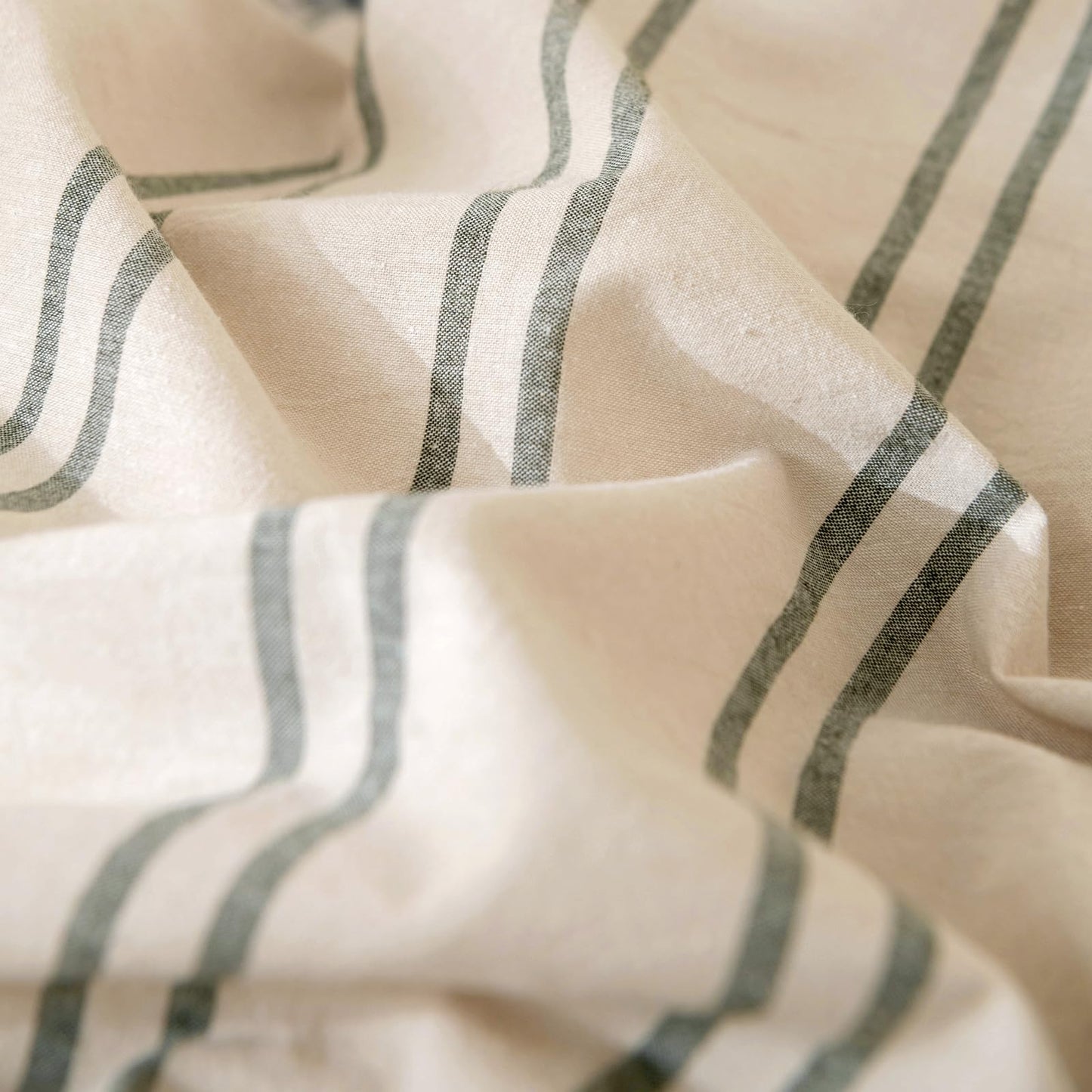 VM VOUGEMARKET Striped Duvet Cover Set Queen Beige 100% Washed Cotton Bedding Set,Grey Green Vertical Ticking Stripes Pattern Comforter Cover with Zipper Closure (3pcs, Queen Size)