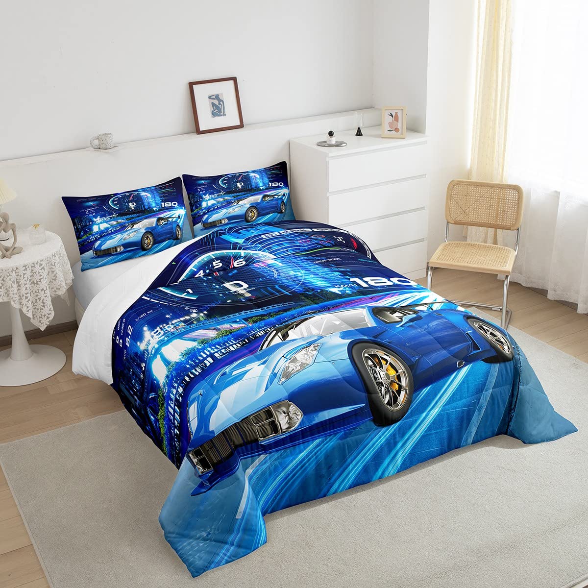 Feelyou Boys Sports Car Comforter Set for Kids - Extreme Sports Bedding Set with 1 Comforter and 1 Pillowcase, Twin Size, Blue