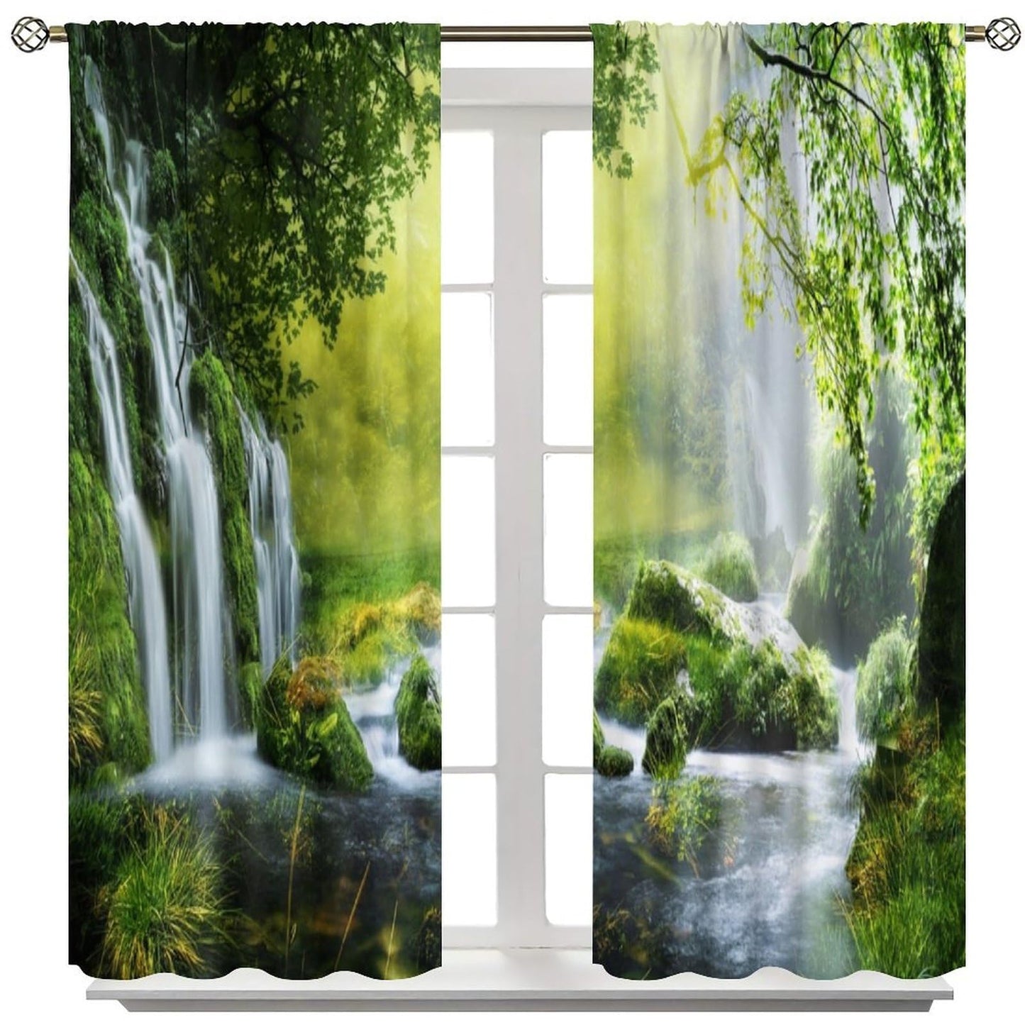Veridic Spring Waterfall Curtains,Jungle Sunrise Natural Landscape Pattern Decor Rod Pocket Window Drapes for Bedroom Living Room Kitchen 42x45 Inch