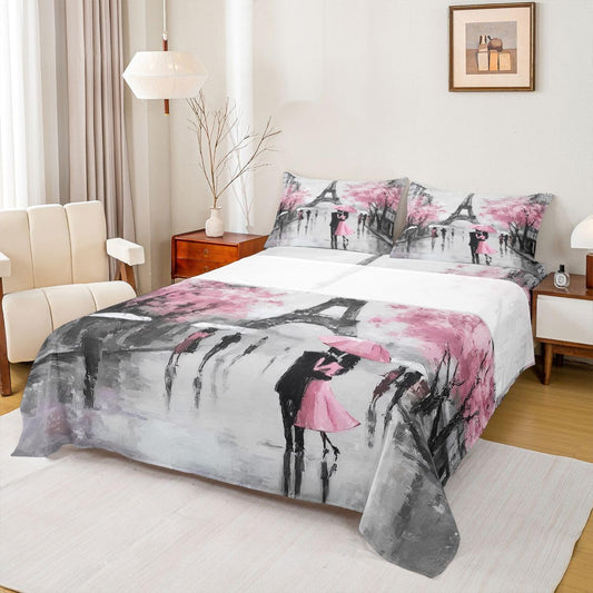 Paris Decor Bed Sheets French Eiffel Tower 4 Piece Bedding Sets King Watercolor Cherry Blossoms Sheet Set for Girls Kids Women Couple Bedroom,Retro Gray Paris Tower Fitted Sheet Pink Grey Flat Sheet