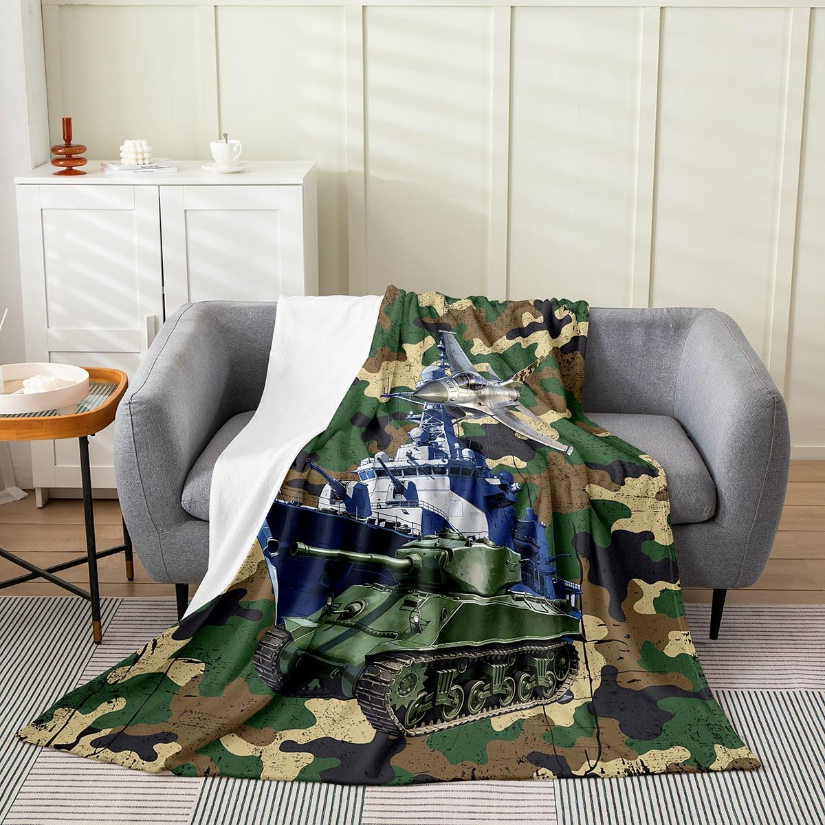 Feelyou Army Camouflage Fleece Throw Blanket,All Season Military Aircraft Print Bed Blanket Ship Tank Camouflage Flannel Fuzzy Blanket for Bed Sofa Couch,Bedroom Decor Plush Blanket 40"x50"