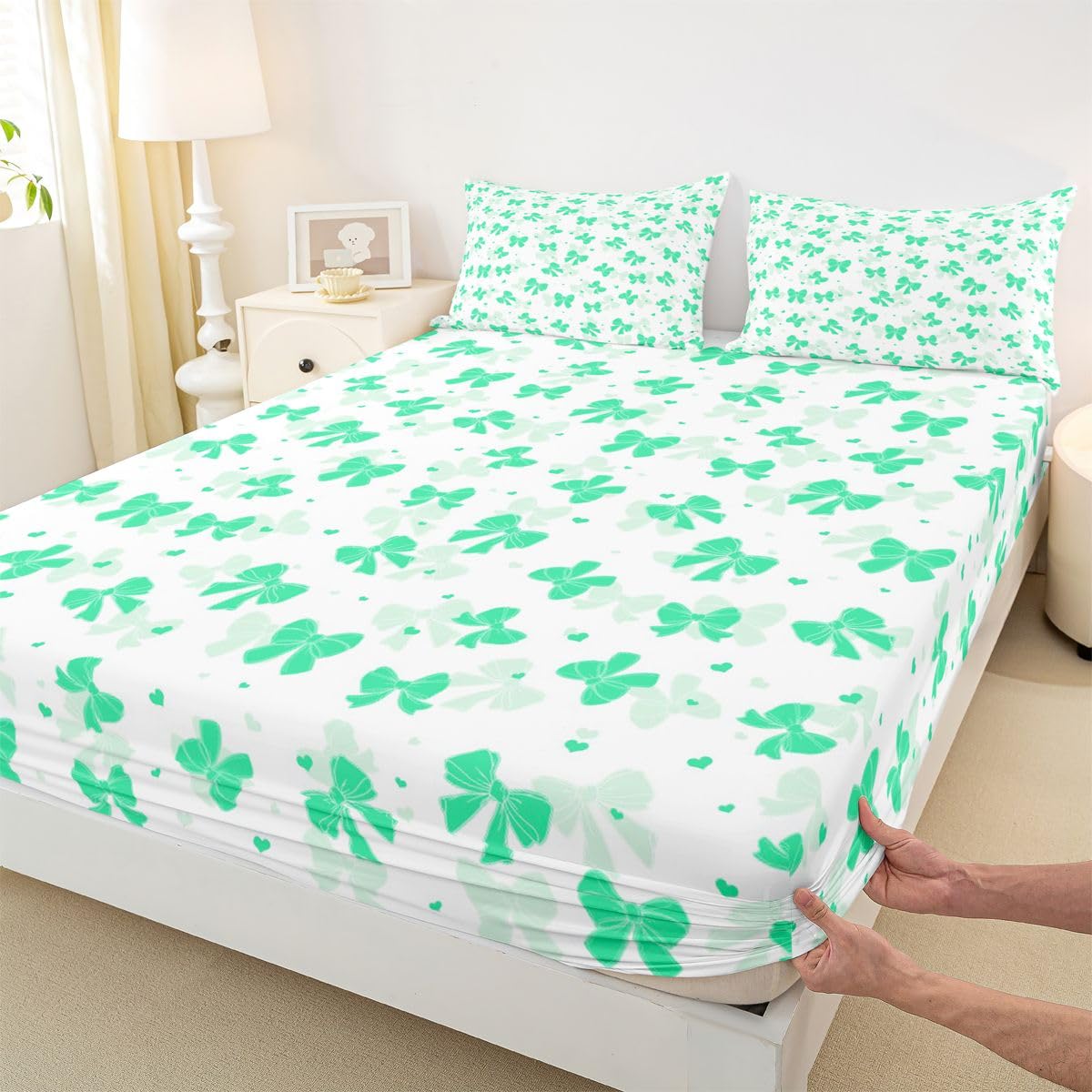 jejeloiu Green Bow Fitted Sheet Twin Size for Kids Boys Girls Bowknot Bed Sheets Set 16" Deep Pocket Soft Breathable Microfiber Bow Tie Bedding with 1 Pillowcase Dreamy Princess Style Room Decor