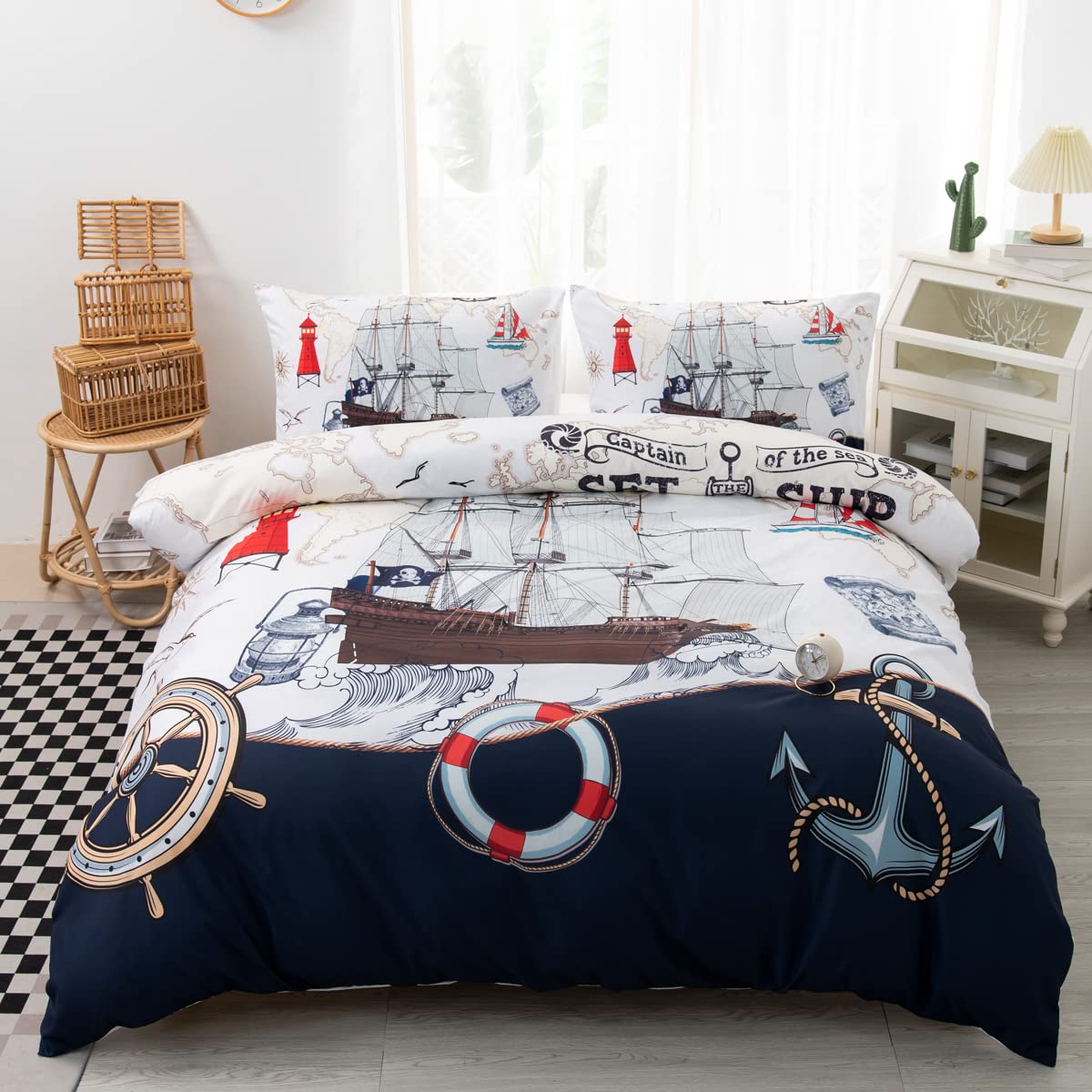 CVHOUSE Nautical Bedding Set King Size,Nautical Sailboat Bed for Boys Teens,Ocean Themed Sailing Anchor Comforter Cover Soft,Anchor Duvet Quilt King 90'x102'