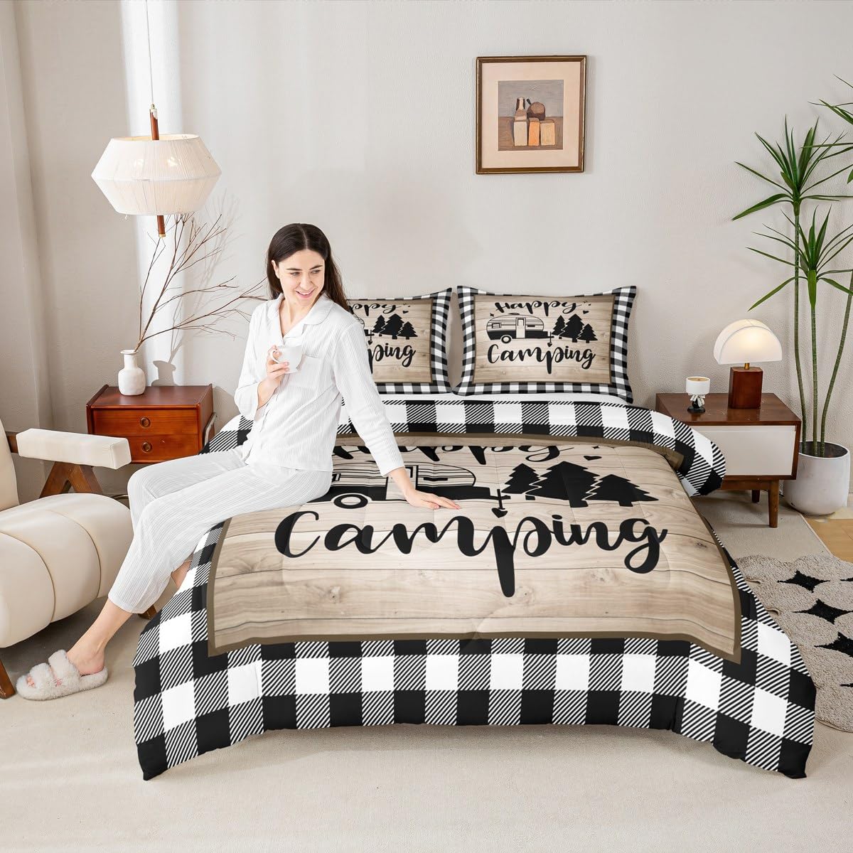 Grid Camper Comforter Set Queen Size for Kids Teens Adults Home Room Decor,Brown Rustic Farmhouse Barn Bedding Set 3pcs,Cartoon RV Trailer Pine Quilt Set Happy Camping Duvet Insert,2 Pillowcases