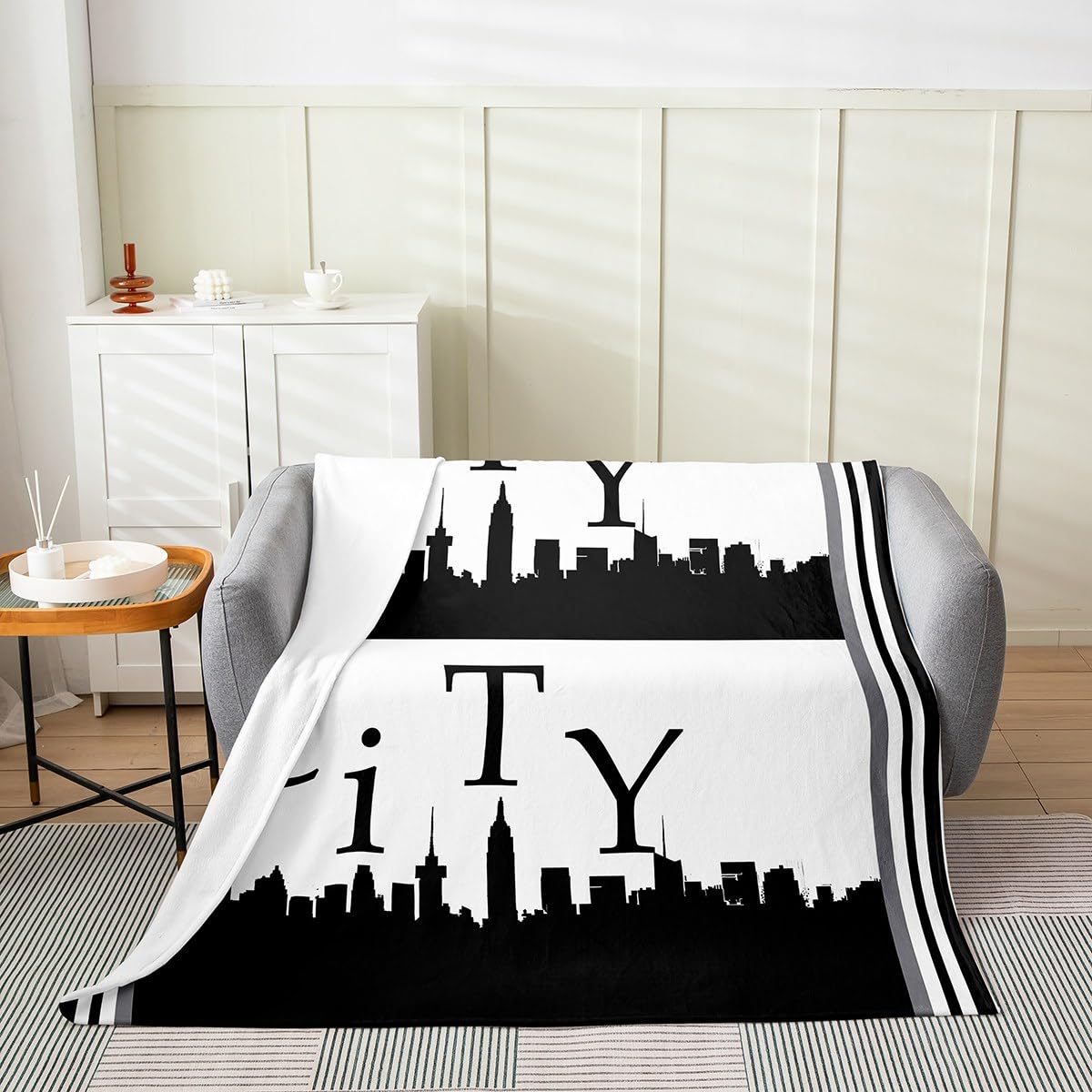 jejeloiu City Themed Fleece Throw Blanket for Kids Boys Girls Throw 50"x60" Modern FashionFlannel Blanket Plush Fuzzy Ultra Soft Simplefor Bed Couch Chair Living Room City Silhouette Room Decor