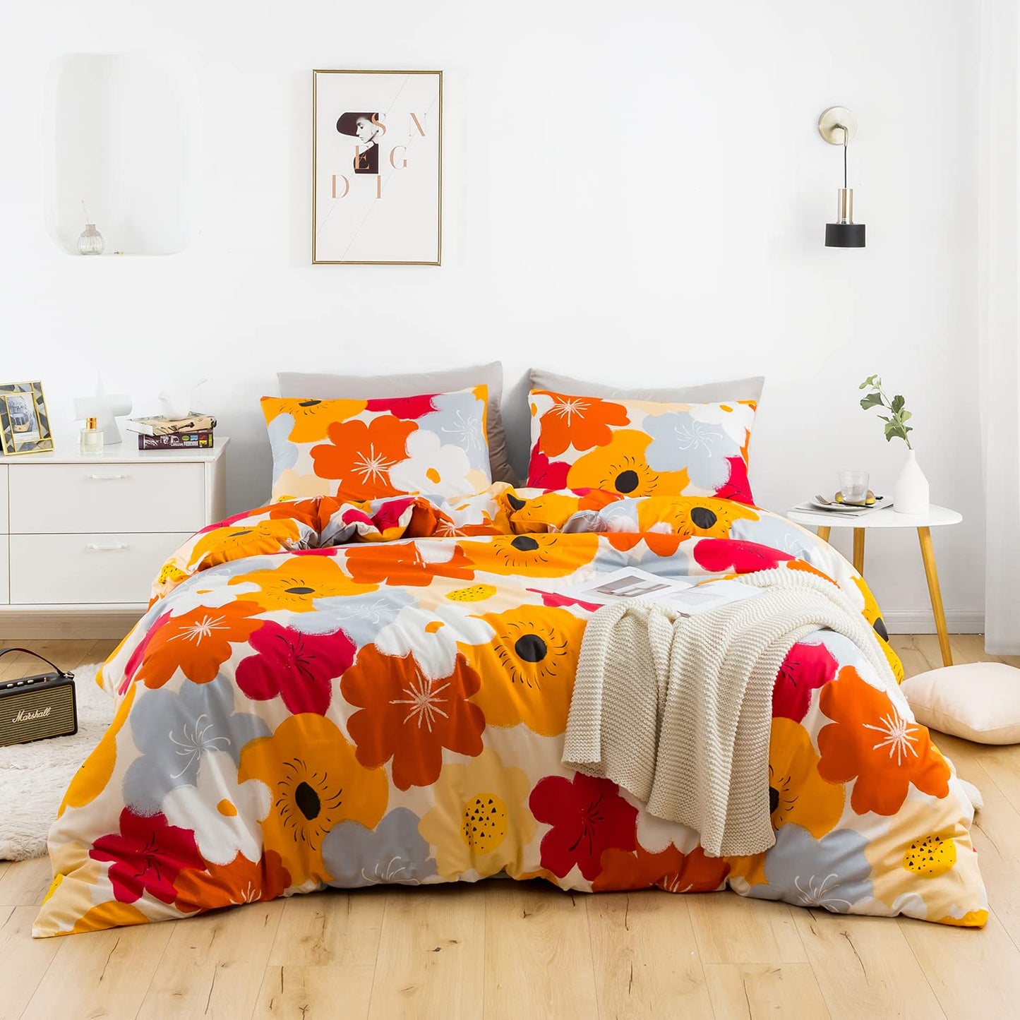 SUSYBAO Floral Duvet Cover Queen 100% Cotton Burnt Orange Flower Duvet Cover 3 Pieces Set 1 Orange Botanical Duvet Cover with Zipper Ties 2 Pillowcases Soft Colorful Blossom Plant Print Bedding