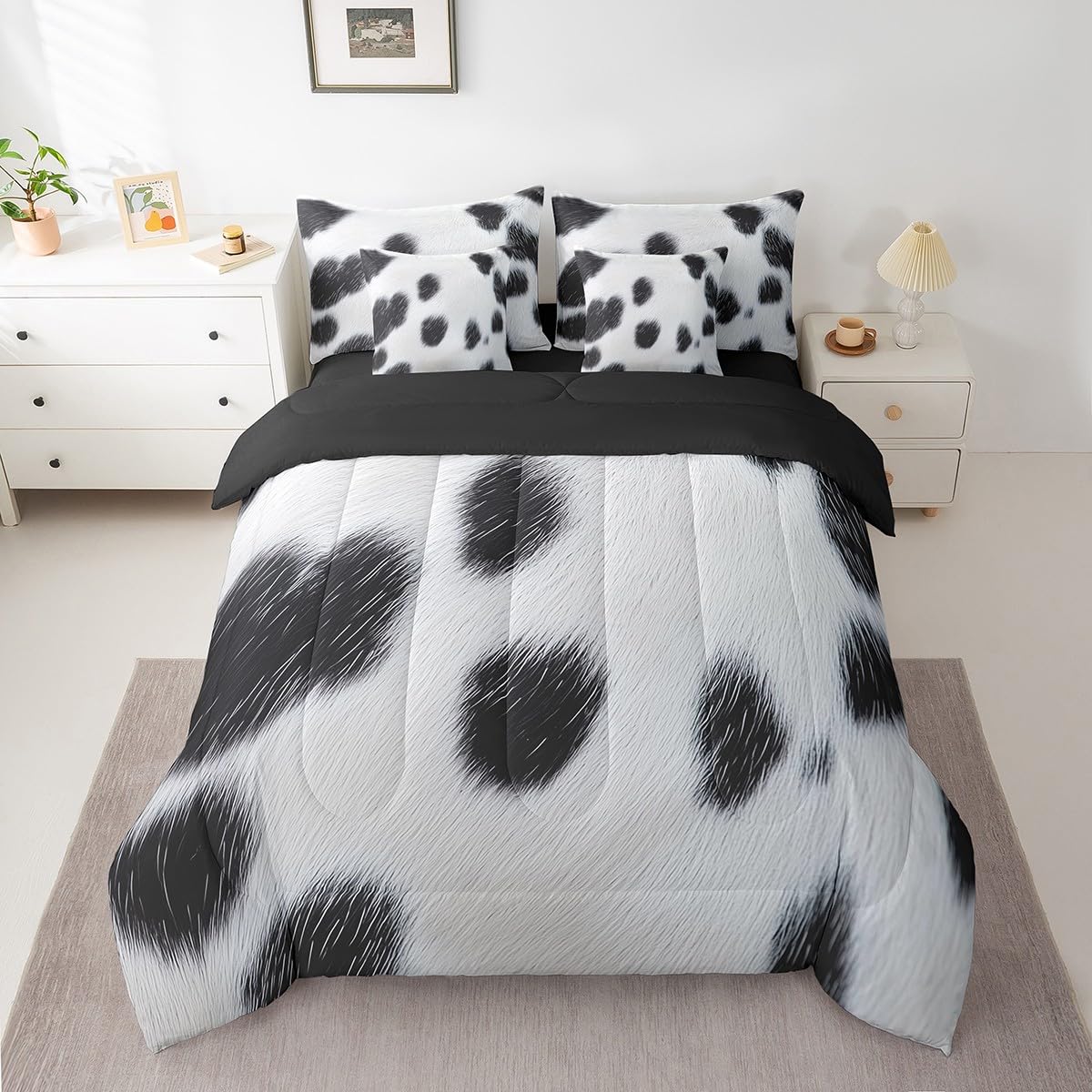 Erosebridal Cute Cow Print Kids King Bedding Set 7 Piece Cowhide Bed in A Bag for Boys Teens Adult Farm Animal Fur Comforter Set Farmhouse Wildlife Skin Sheets Lightweight Bedroom Decor