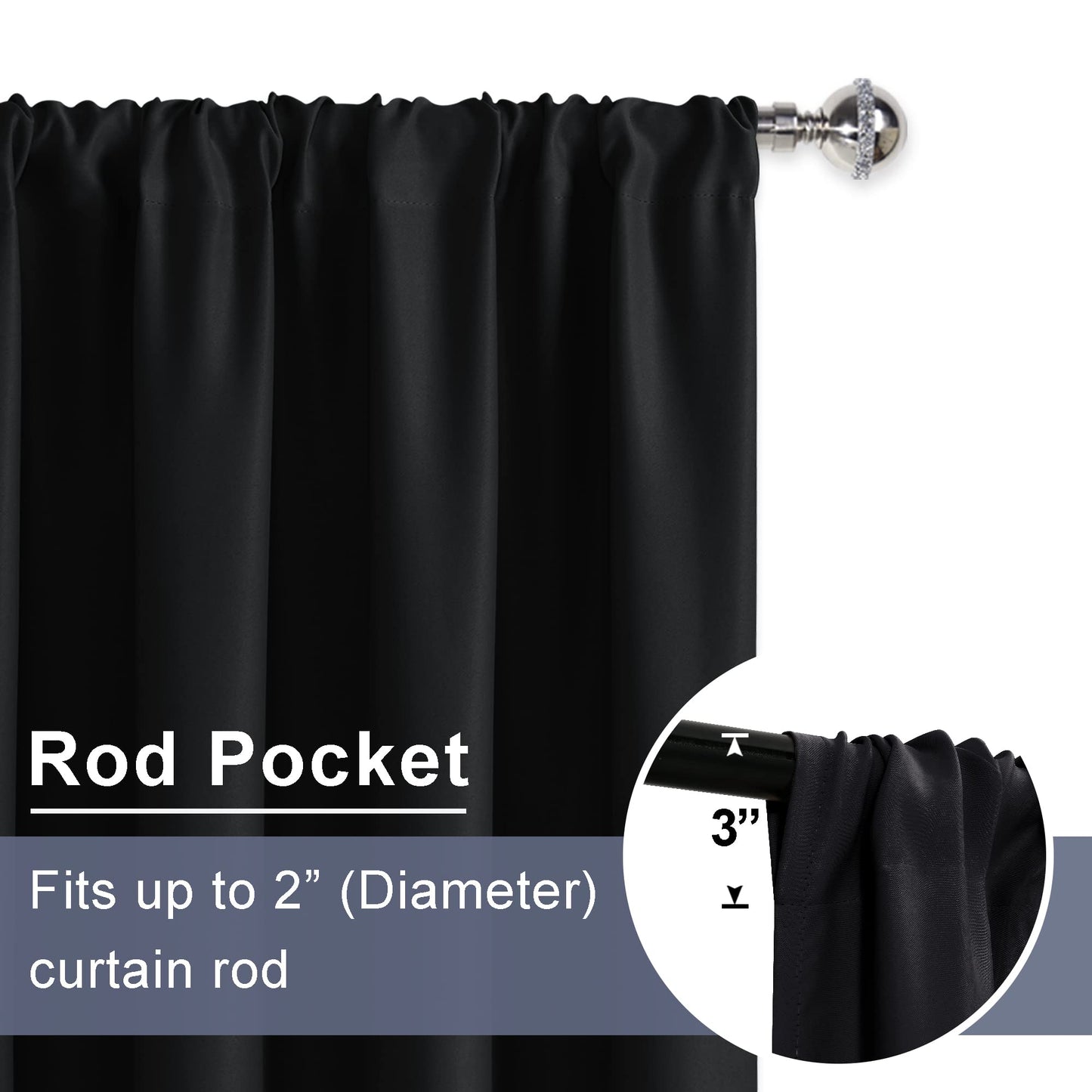 JIUZHEN Blackout Curtains for Bedroom– Thermal Insulated,Noise Reducing Room Darkening Rod Pocket Curtains for Living Room, Set of 2 Panels with Tiebacks, 42 x 63 inch Long, Black