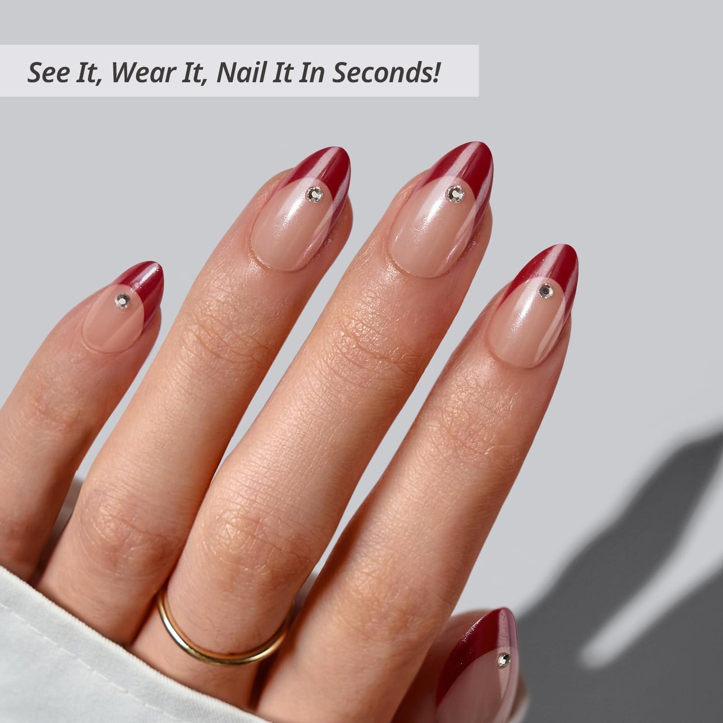 BTArtbox Press On Nails Short - Audrey's Ruby, Red Chrome Almond Light Red French Tip Press On Nails with Glue and Adhesive Tabs for Women, Soft Gel Glue On Nails in 16 Sizes - 32 Stick On Nails Kit