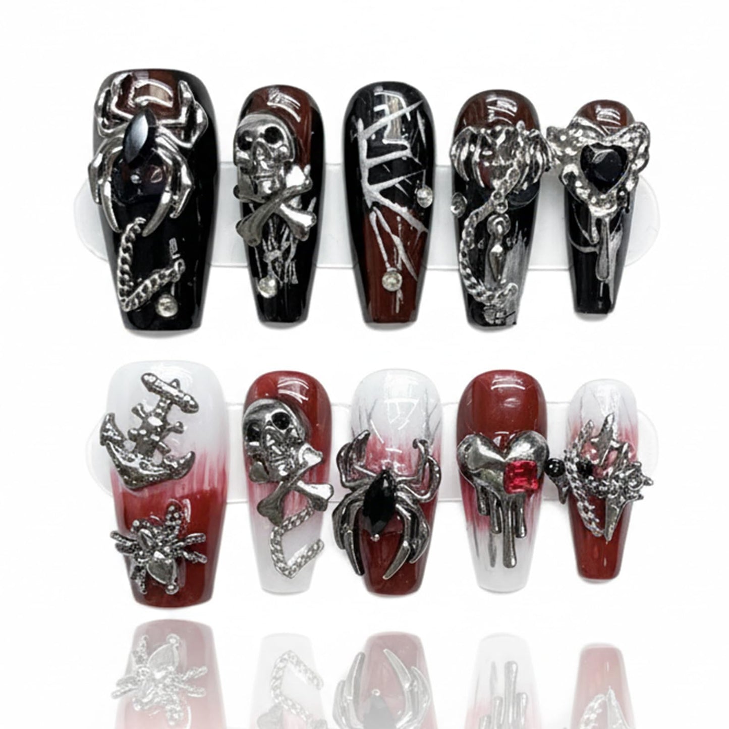Handmade Skeleton Press On Nails long Coffin Reusable Stick On Fake Nails Luxury Elegant Sexy Style For Women Gift With Nail Glue Red Black M