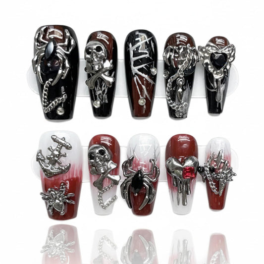 Handmade Skeleton Press On Nails long Coffin Reusable Stick On Fake Nails Luxury Elegant Sexy Style For Women Gift With Nail Glue Red Black M
