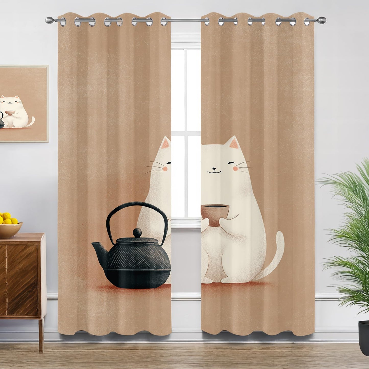 Solvivae Cat Curtains Blackout, Room Darkening Thermal Insulated Grommet Drapes for Bedroom Living Room, Cute Cat and Teapot Kitchen Patterned Window Treatments, 96 Inch Curtains 2 Panel Set