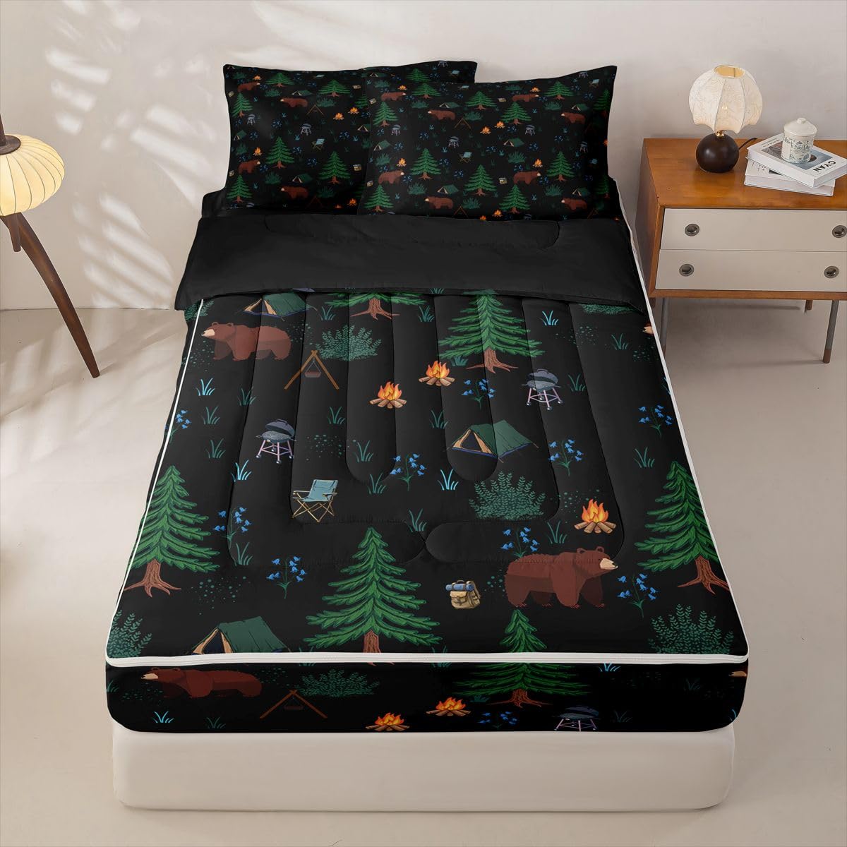Erosebridal Hunting Bear Twin Zipper Bedding Happy Camping Comforter Set with Fitted Sheet Kids Camper Theme 3 Pcs Bed in a Bag Set Wild Animals Pine Tree Woodland Zip Up Bedding Sets