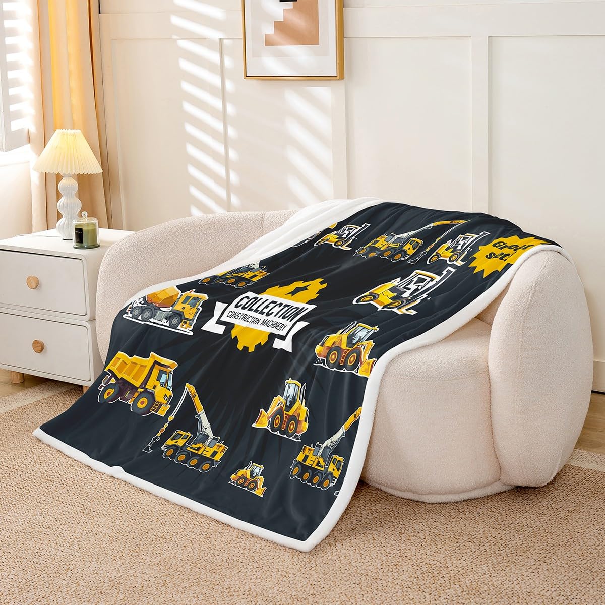 Feelyou Boys Construction Car Fleece Sherpa Blanket Kids Machinery Excavators Throw Blanket for Sofa Couch Heavy Machinery Construction Plush Throw Blanket Throw 50"x60"