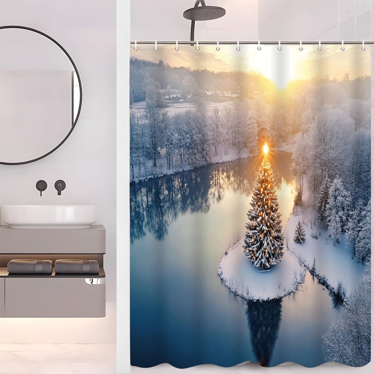 ZROLUW Christmas Snow Scene Shower Curtain,48" W x 72" L Shower Curtains for Bathroom, Fabric Bath Curtain Sets Decor with Hooks