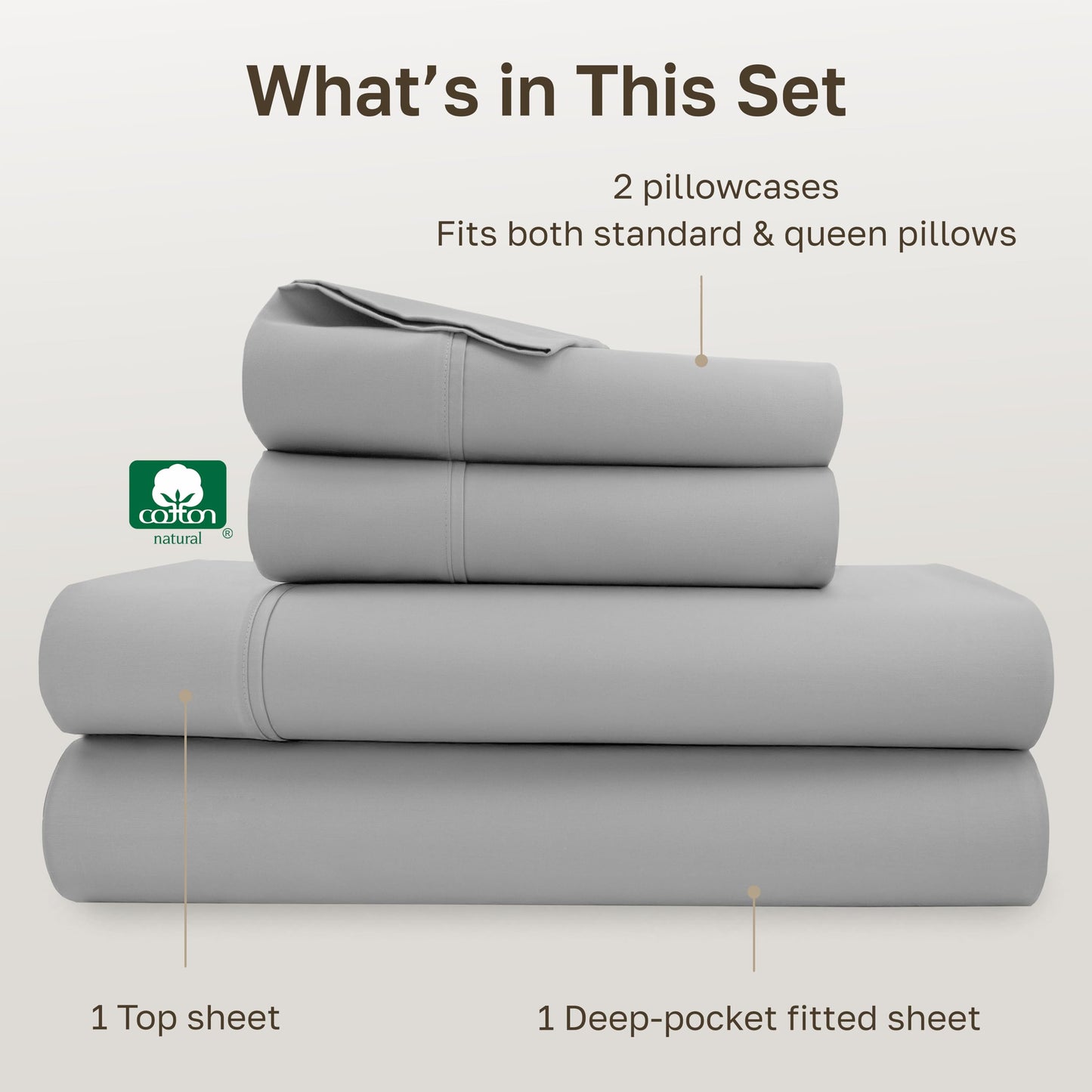 California Design Den Soft 100% Cotton Sheets Queen Size Set, 400 TC Good Housekeeping Award Winner, Silky Smooth Sateen with Deep Pockets, Breathable and Durable Cotton Bedding Set - Light Grey