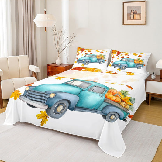 Pumpkin Truck Bed Sheets Fall Thanksgiving Harvest Seasonal Fitted Sheet Set Queen Autumn Maple Leaf Bedding Set Farmhouse Home Room Decor Watercolor Rustic Sheet Set Orange White Flat Sheet 4 Pcs