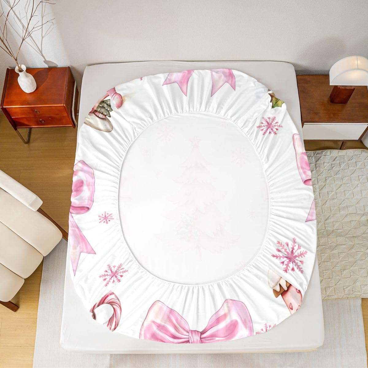 Merry Christmas Kids Full Size Fitted Sheet,Bowknot Gingerbread Man Xmas Tree Boys Girls Bed Sheets,Poinsettia Snowflake Winter Room Decor,Pink White Bedding Set,2 Pillowcases(No Flat)