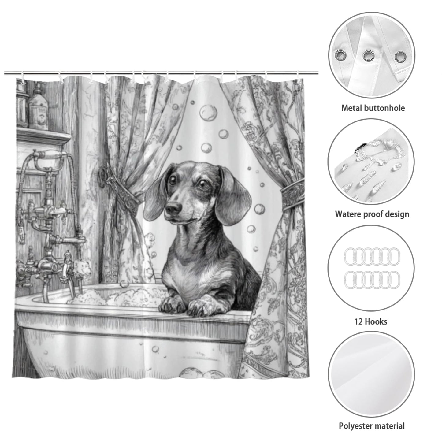 Wordatu Dachshund Shower Curtain Bathroom Set 72x72 Inches Black White Taking a Bubble Bath Animal Bath Dog Art Home Decor 12 Hooks