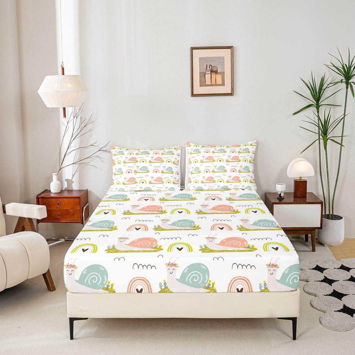 Homewish Cartoon Snail Bed Sheet Twin Size Cute Rainbow Bedding Set 3Pcs for Kids Girls Boys Teens Room Decor,Nature Spring Animals Fitted Sheet Pink Green Stripes Top Flat Sheet,1 Pillowcase