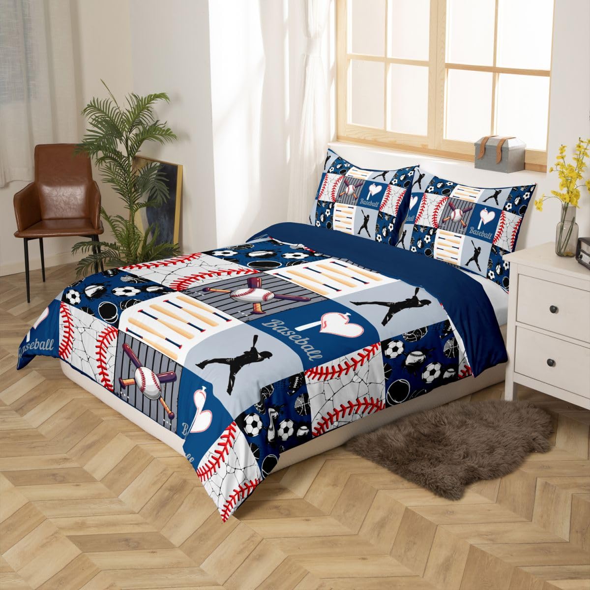 Erosebridal Baseball Bedding Set - Boys Teens Men Comforter Cover Sports Theme Duvet Cover Patchwork Pattern Bedspread Modern Sports Bedding, Full Size