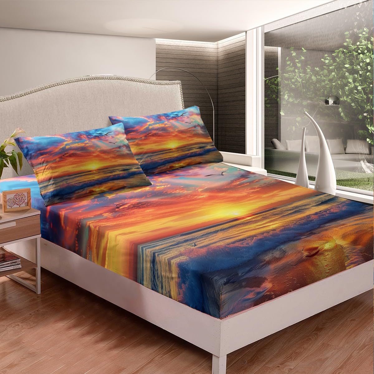jejeloiu Beach Theme Fitted Sheet Full Size Kids Summer Sea Ocean Sunset Bed Sheets Set for Boys Girls Teens Wave Coastal Natural Scenery Bedding Set Room Decor