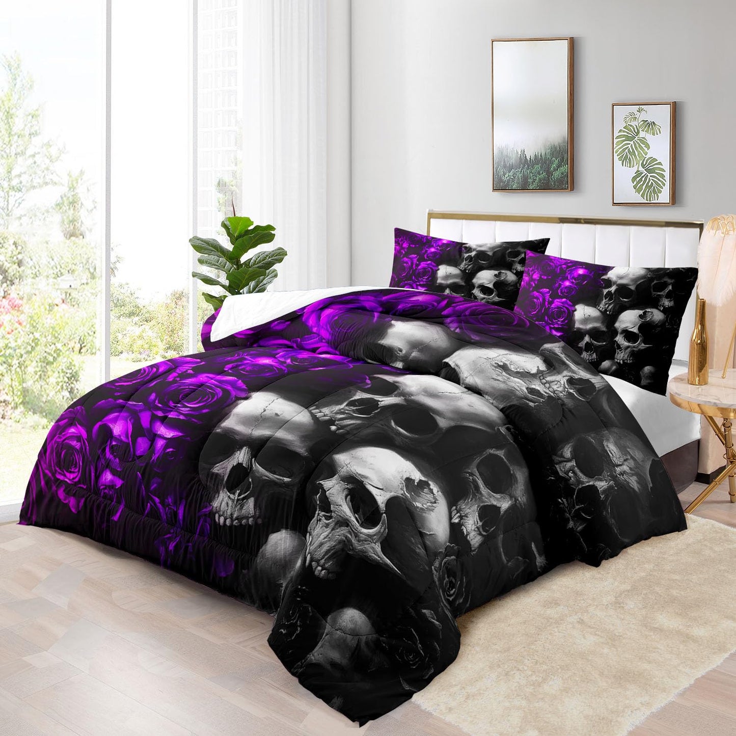 Raphus Cucullatus Gothic Black & Rose Skull Bedding Set - Queen Size Quilt, Comforter & Skeleton Pattern