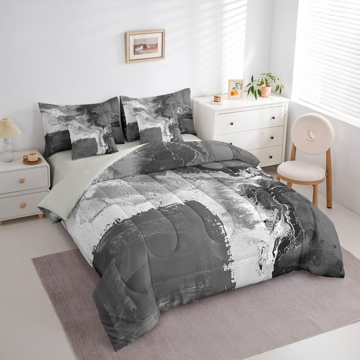 Feelyou Abstract Comforter Set with Sheets 7 Piece King Size Modern Abstract Art Bedding Set for Kids Boys Girls Luxury Bed in a Bag Geometric Room Decor Balck Gray Soft Lightweight Microfiber