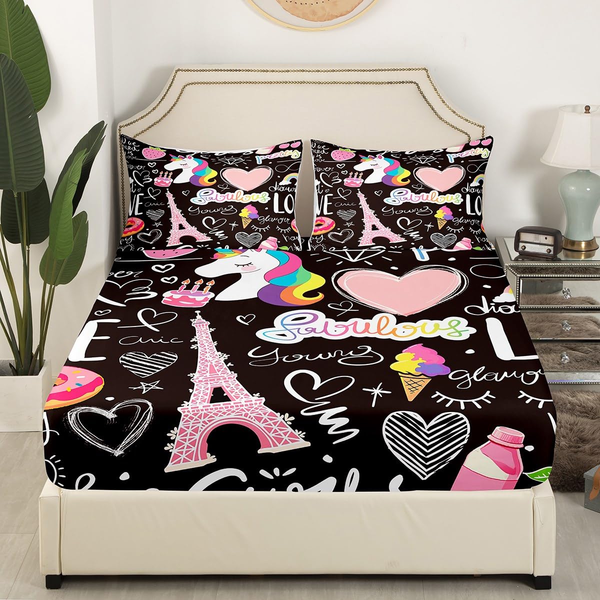 Manfei Kids Eiffel Tower Sheet Set Pink Love Strawberry Unicorn Decor Fitted Sheet Paris Tower Bedding Set 2pcs for Girls Soft Polyester Bed Sheets (1 Fitted Sheet + 1 Pillow Case) Twin Size