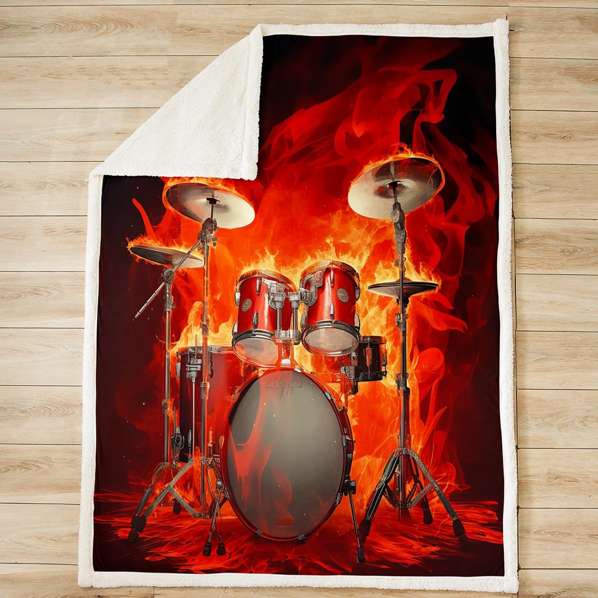Feelyou Drum Kit Fuzzy Blanket Burning Drum Set Fleece Blanket Rock Music Themed Sherpa Throw Blanket for Sofa Couch Bedroom Decor Hip Pop Musical Pattern Plush Blanket Throw 50"x60"