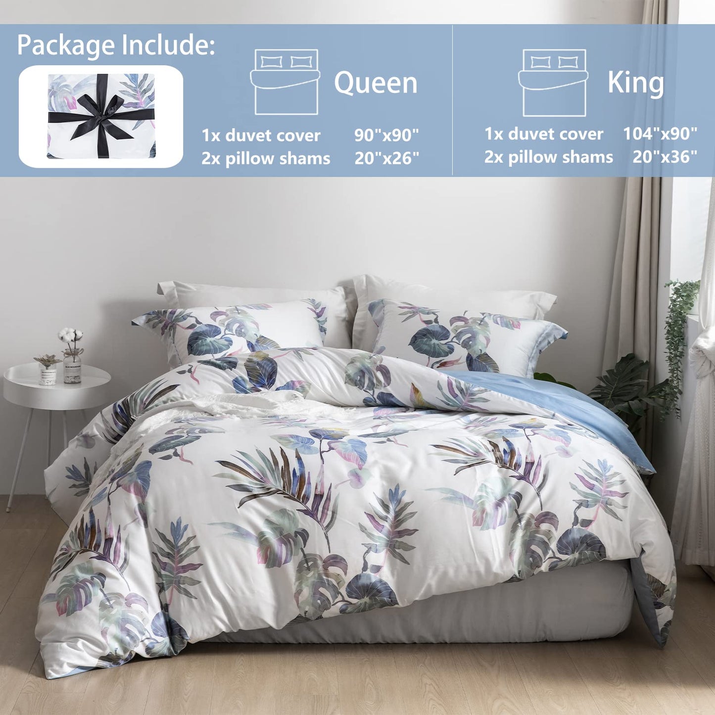 MILDLY Floral Duvet Cover Set - 100% Long-Staple Cotton Palm Leaf Pattern Printed Comforter Cover 3pcs Soft Breathable Luxury Bedding for All Season