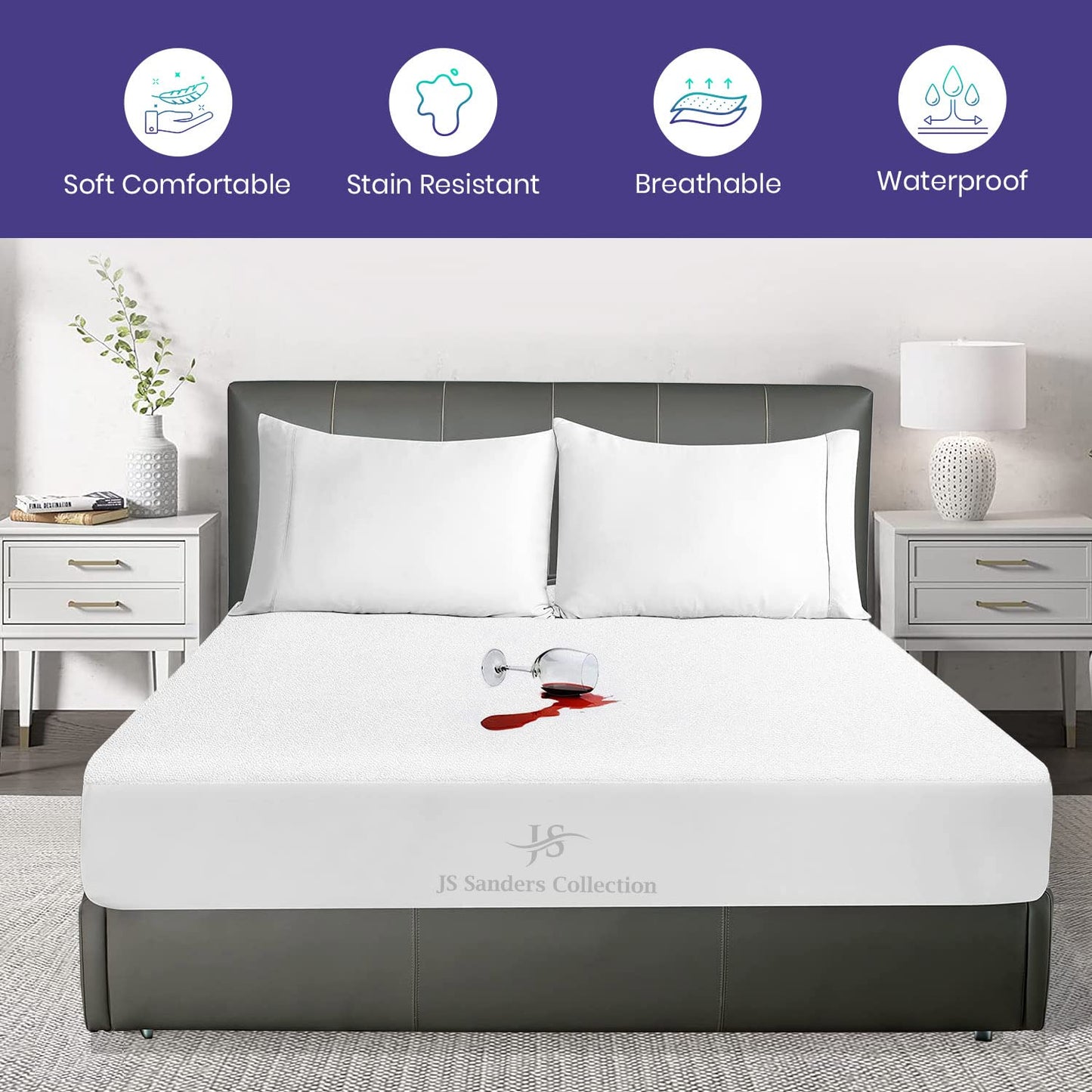 JS Sanders Collection Family King 120x80 Size Mattress Topper - 100% Waterproof Cover Protector with 15" Deep Pocket Fitted Style Super Soft Cotton Terry Fabric Mattress Cover