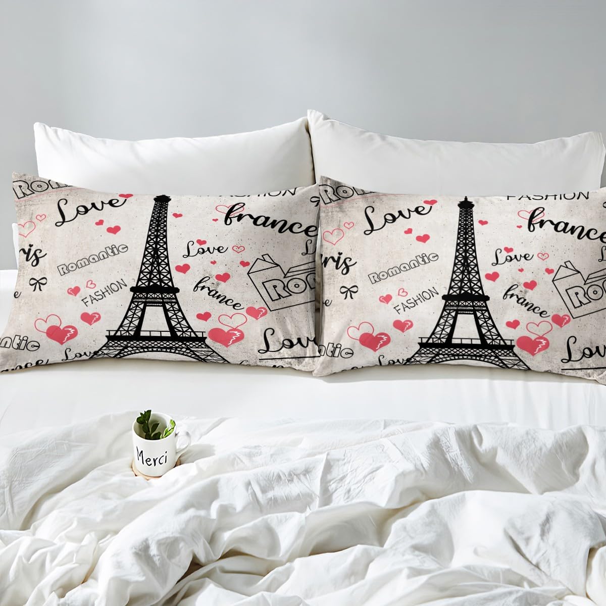 Eiffel Tower Fitted Sheet Full,Red Love Heart Bed Sheet 3 Pieces(No Flat Sheet),Valentine's Day Decor Bedding Set for Kids Adults,Rustic Farmhouse Style Deep Pocket Sheet Room Decor