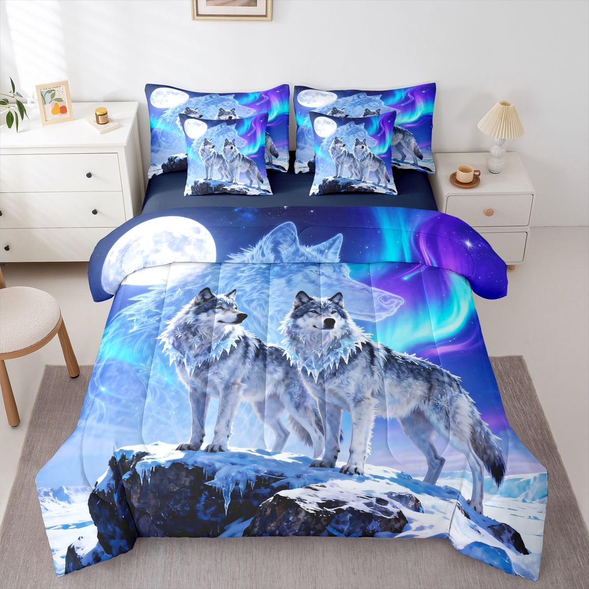 Feelyou Wolf Comforter Set with Sheets 7 Piece Queen Size Wolves Howling Bed in a Bag Kids Boys Girls Western Farmhouse Bedding Set Wild Animal Bedroom Decor Breathable Soft Microfiber